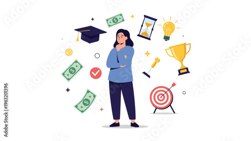 Pensive woman surrounded by icons of education money time and success while planning her future career and life path.