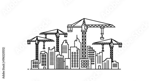 Construction cranes towering over city buildings, symbolizing urban development and progress.