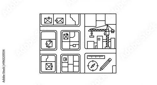 Architectural blueprint with construction crane and design elements, detailed illustration.