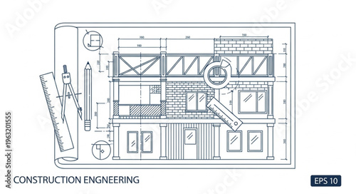 Architectural blueprint showcasing detailed construction engineering plans and designs.