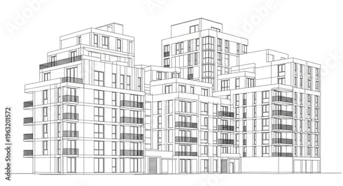 Modern architectural marvel - a detailed sketch of a multi-story building complex.