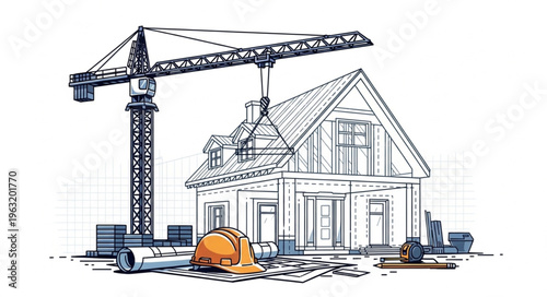 Construction of a new house with a crane and blueprints, building process.