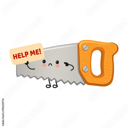 Character saw holding help me sign needing assistance