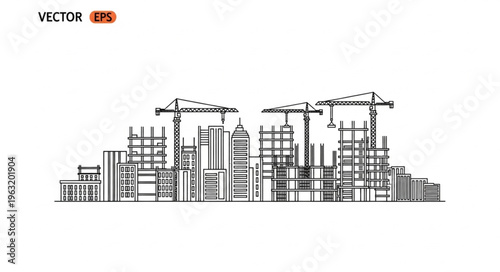 Construction site sketch featuring cranes and buildings under development, urban landscape.