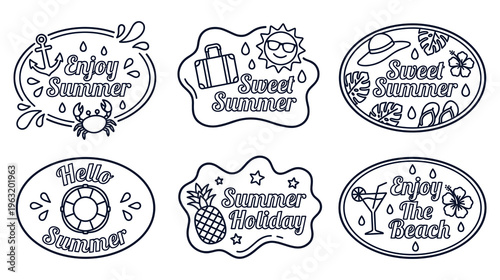 Summer emblems and stickers for vacation and beach fun.