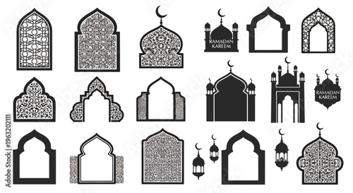Islamic architecture elements and mosque icons in black and white