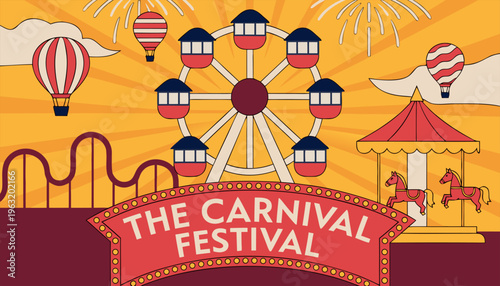 Vintage Carnival Festival Banner with Carousel, Hot Air Balloons, and Fairground Attractions Background.eps