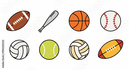 Collection of various sports balls and bat on white background