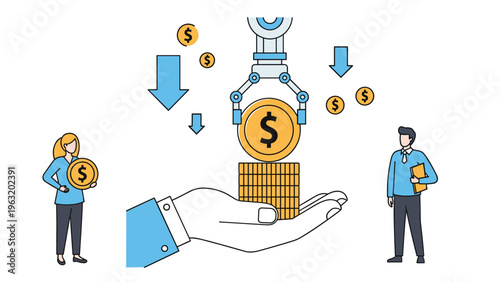 Robotic arm placing a gold coin on a stack of bars in a large hand symbolizing automated financial investment and wealth growth.