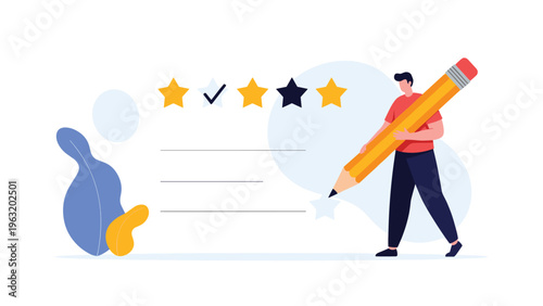 Person holding giant yellow pencil marking stars on evaluation form representing high quality customer service feedback rating.