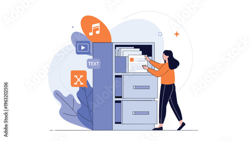 Professional woman organizing digital media files in filing cabinet with text, video, and music icons for efficient data management.
