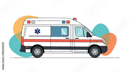 Emergency medical service ambulance vehicle with red and grey sirens on white background for healthcare and rescue operations.