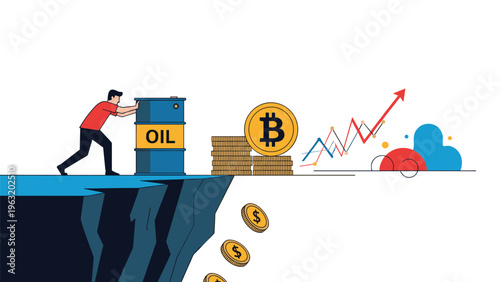 Man pushing oil barrel off economic cliff representing market volatility and transition from traditional energy to digital currency.