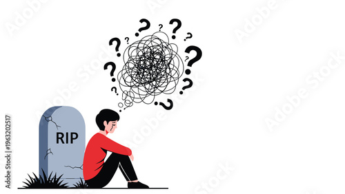 Grieving person sitting by gravestone with RIP sign experiencing deep confusion and tangled thoughts after losing a loved one.