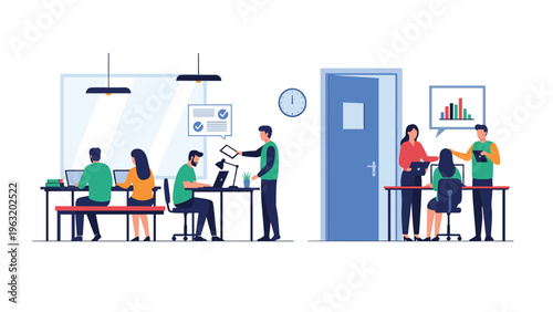 Collaborative workspace with employees working on laptops in modern office featuring glass walls and open meeting areas.