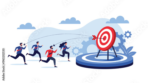 Competitive business team running towards giant bullseye target on podium to achieve high performance sales goals and success.