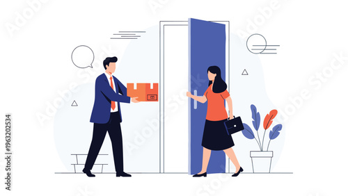 Delivery man in suit handing package box to professional woman at office door for corporate shipping and logistics service.
