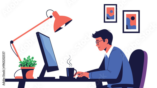 Young creative professional working on computer at home office desk with modern lamp and fresh coffee for daily productivity.