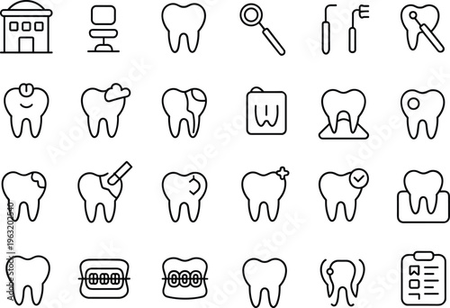 Black  line of teeth and dental care tools line dentistry oral health