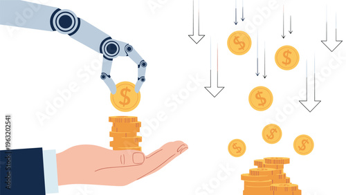 Industrial robotic arm precision placing gold coins into human hand for automated wealth management and investment dividends.