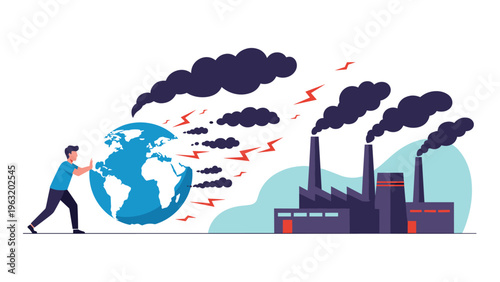 Environmentally conscious person pushing planet Earth away from polluting industrial factory smoke to prevent global warming.