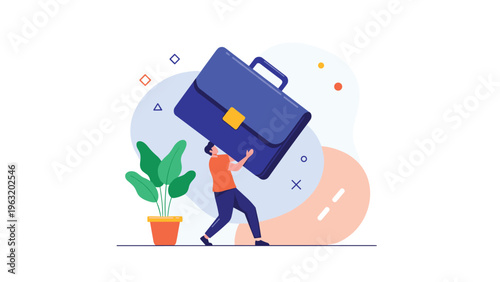 Hardworking businessman carrying oversized giant briefcase representing heavy workload and big responsibility in career.