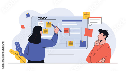Professional colleagues planning tasks and organizing workflow on sticky notes board during an agile project management meeting in office.