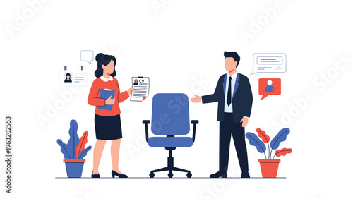 HR manager and candidate discussing job opportunity in office next to vacant blue chair for recruitment and hiring process.