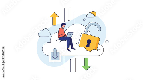 Technical specialist working on laptop on digital cloud with large open padlock representing cloud security and data access.