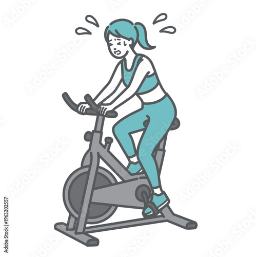 フィットネスバイクで過酷なトレーニングをする汗だくの女性のイラスト