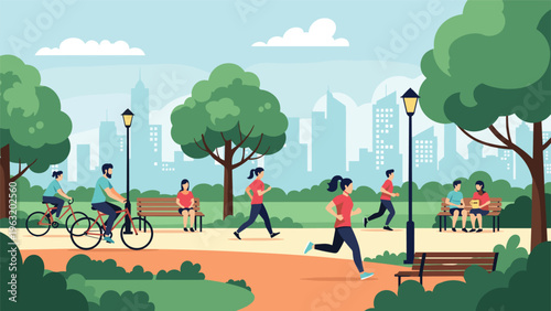 Diverse group of people staying active by running cycling and relaxing in a beautiful urban green park area with city skyline in background.