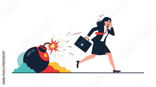 Businesswoman running away from a lit bomb representing an urgent deadline or business crisis that needs immediate attention and action.
