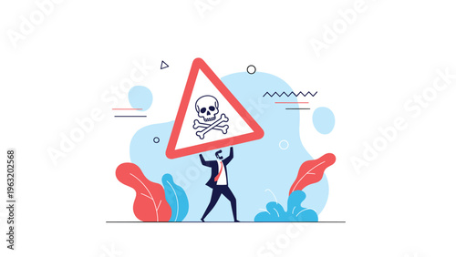 Stressed businessman carrying a large heavy danger sign with skull icon representing toxic workplace environment and professional risks.