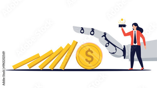 Robot hand preventing financial crisis by stopping falling gold coin dominoes representing economic stability and safety in a digital world.