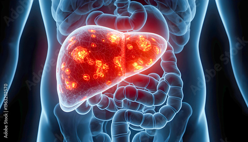 Gallbladder Stones Concept, Glowing Yellow and Red Inflammation with Stone Formations, Digestive System Medical Illustration, Realistic Anatomy 8K No Face Poster