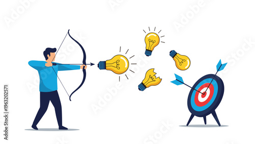 Motivated businessman aiming bow and arrow at light bulb to hit target for success and creative problem solving in business.
