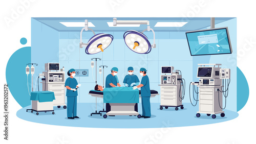 Surgical team performing a medical operation on a patient in a high tech hospital theatre with specialized monitors and diagnostic tools.