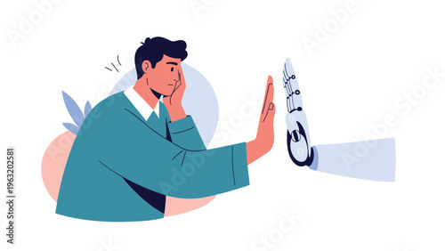 Concerned man raising his hand to stop artificial intelligence robot intervention to preserve human jobs and critical ethical boundaries.