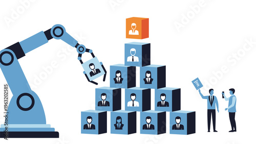 Advanced industrial robot arm placing human resource cube into a corporate hierarchy pyramid during an automated talent recruitment process.