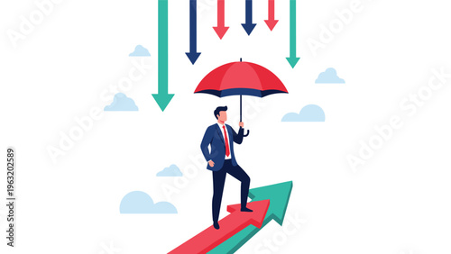 Smart businessman protecting himself with a red umbrella while standing on a rising growth arrow to hedge against market downturns and risks.
