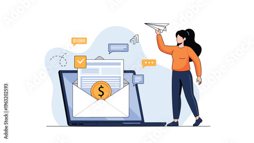 Young woman sending financial documents or salary payments through digital email system shown as an envelope with a large gold dollar coin.