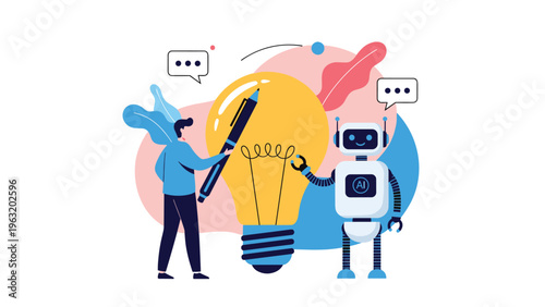 Human and robot collaborating to draw a large light bulb representing creative partnership and innovative technology solutions for business.