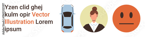 Urban transportation, communication, lifestyle trends, emotive concepts, diversity, visual identity. Blue car top view, woman portrait neutral emotion. Urban transportation and communication concept