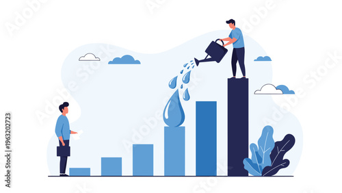 Businessman on a high bar chart watering it with a can to symbolize investment, financial growth, and business development.
