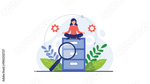 Calm woman meditating in a lotus pose on top of a blue filing cabinet with magnifying glass and gears for organization.