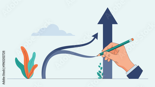 Business growth and strategic direction concept with a large hand drawing a rising graph using a green pencil.