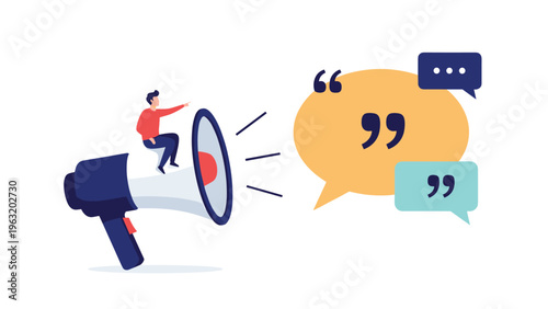 Public speaking and communication marketing concept featuring a man on a megaphone announcing quotes and ideas.