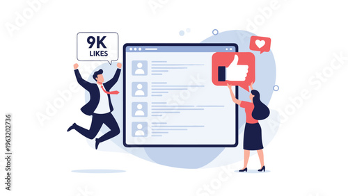 Social media success and viral engagement concept showing people celebrating high number of likes and thumbs up.