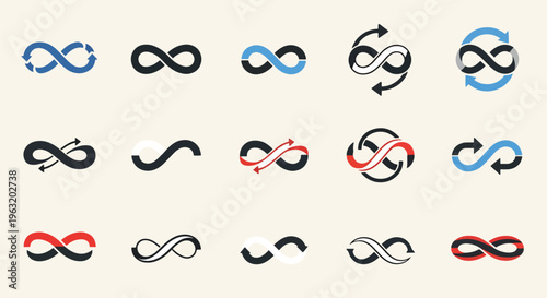Infinity symbols in various colors and styles on beige background