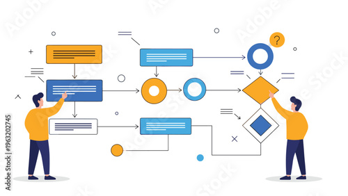 Business process mapping and workflow optimization concept with two professionals analyzing a complex flowchart.